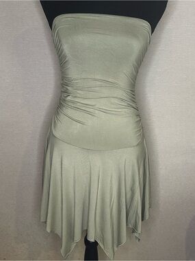 Dolls Kill Strapless Sage Green Ruched Handkerchief Hem Dress